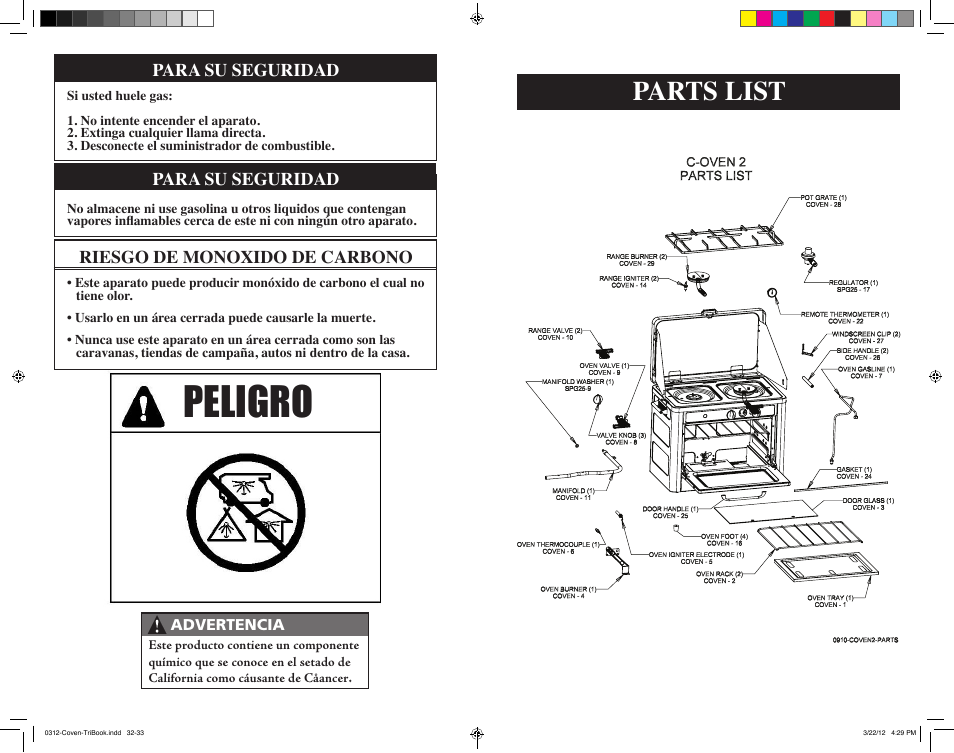 Peligro, Parts list | Camp Chef C-OVEN User Manual | Page 17 / 23