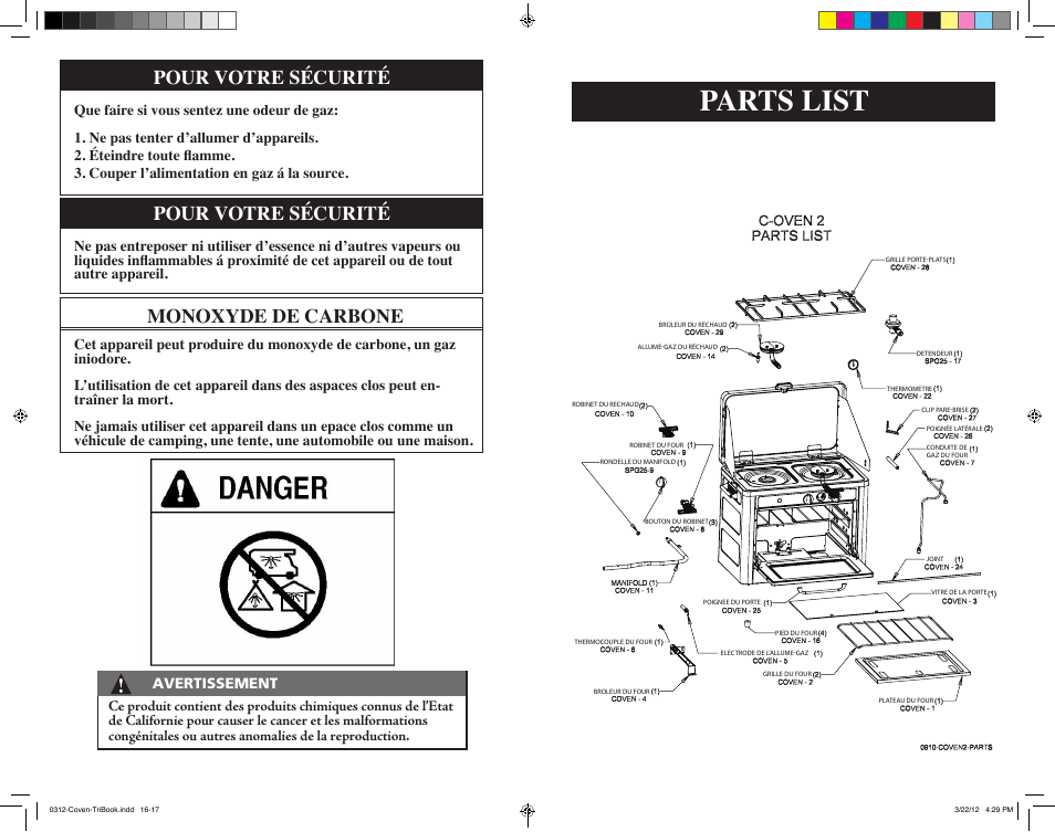 Parts list, Pour votre sécurité, Monoxyde de carbone | Camp Chef C-OVEN User Manual | Page 9 / 23