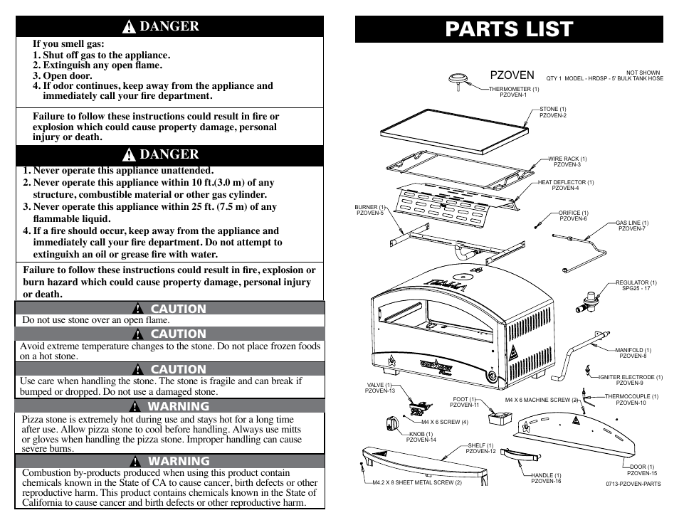 Parts list, Danger, Warning | Caution, Pzoven | Camp Chef PZOVEN User Manual | Page 2 / 6