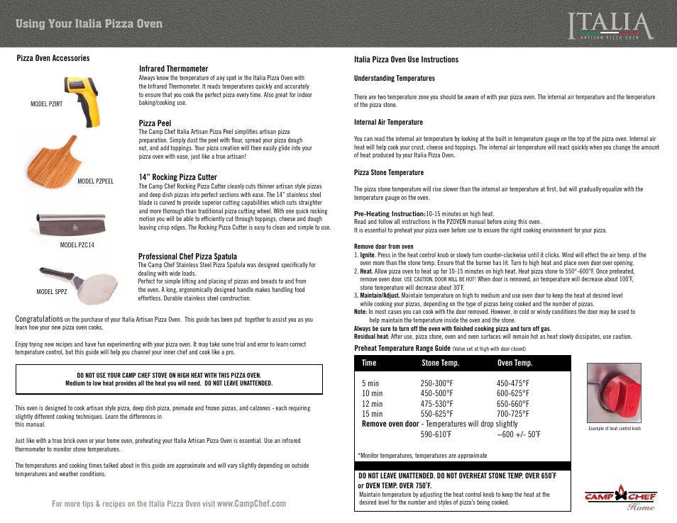 Using your italia pizza oven | Camp Chef PZOVEN Cooking Guide User Manual | Page 2 / 7