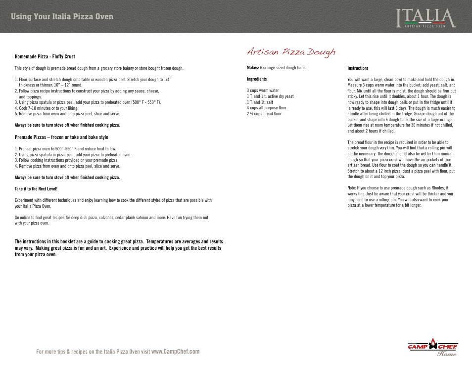 Artisan pizza dough, Using your italia pizza oven | Camp Chef PZOVEN Cooking Guide User Manual | Page 4 / 7