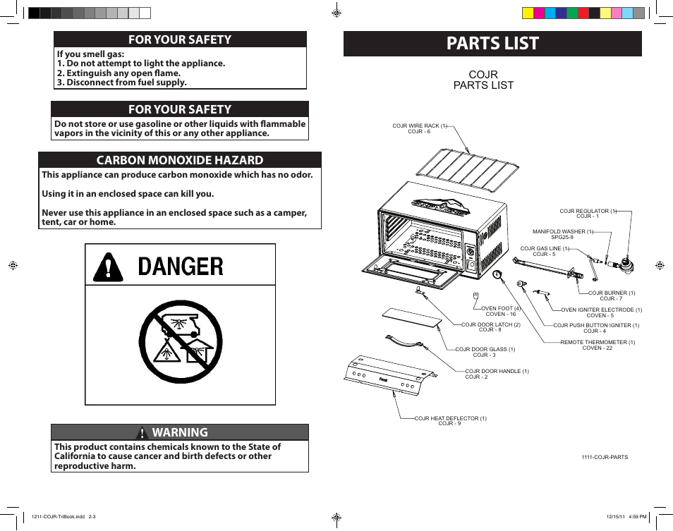 Parts list, For your safety, Warning | Carbon monoxide hazard, Cojr parts list | Camp Chef COJR User Manual | Page 2 / 7