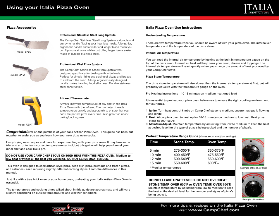 Using your italia pizza oven | Camp Chef PZ90 Cooking Guide User Manual | Page 2 / 7