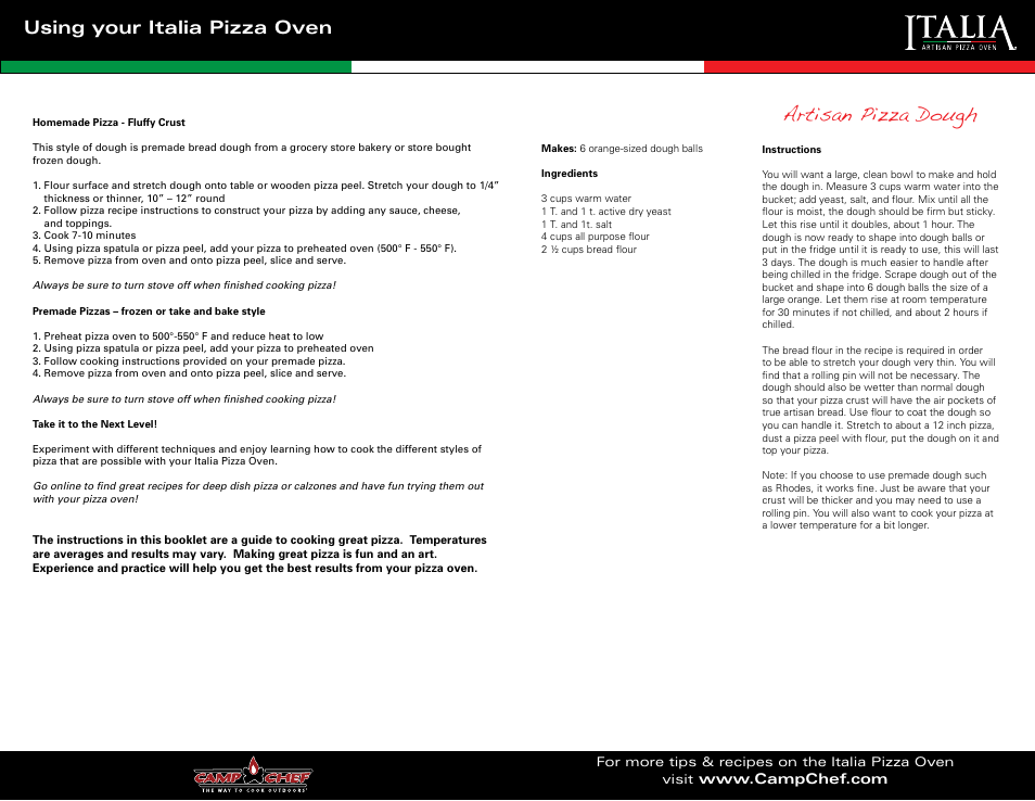 Artisan pizza dough, Using your italia pizza oven | Camp Chef PZ90 Cooking Guide User Manual | Page 4 / 7
