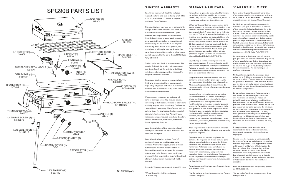 Spg90b parts list | Camp Chef SPG90B User Manual | Page 2 / 2
