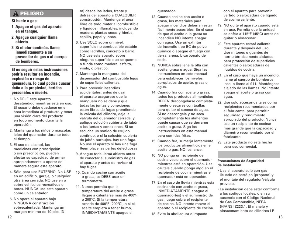 Peligro | Camp Chef BS60C User Manual | Page 7 / 12