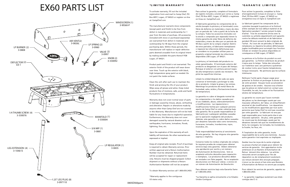 Ex60 parts list | Camp Chef EX60LW User Manual | Page 2 / 2