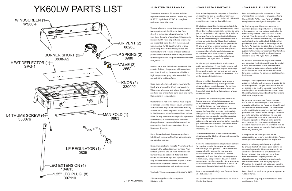 Yk60lw parts list | Camp Chef YK60LW User Manual | Page 2 / 2