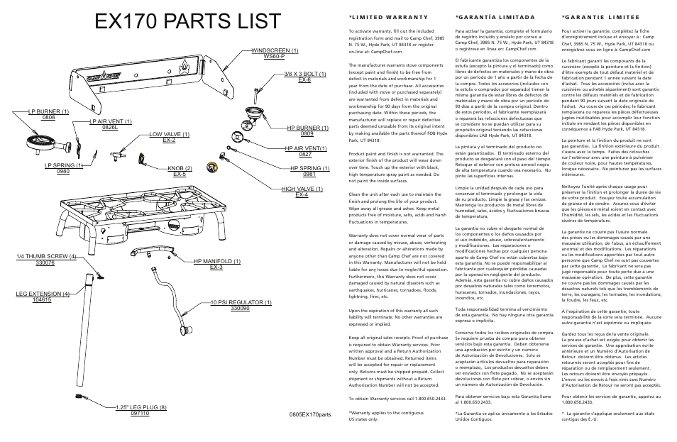 Ex170 parts list | Camp Chef EX170LW User Manual | Page 2 / 2