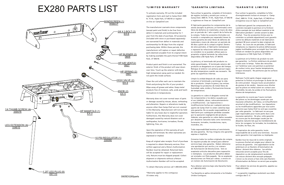 Ex280 parts list | Camp Chef EX280LW User Manual | Page 2 / 2