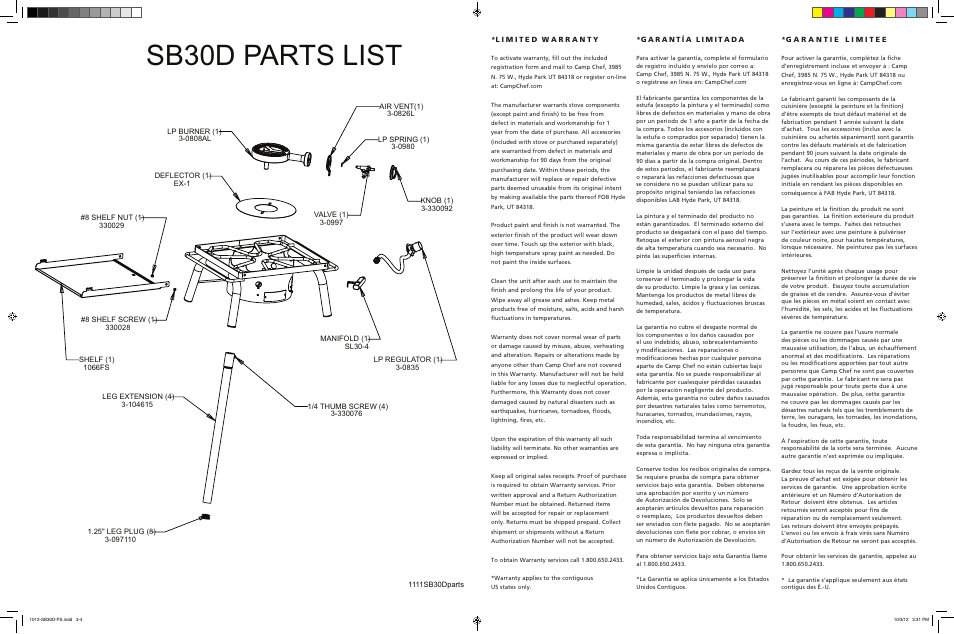 Sb30d parts list | Camp Chef SB30D User Manual | Page 2 / 2