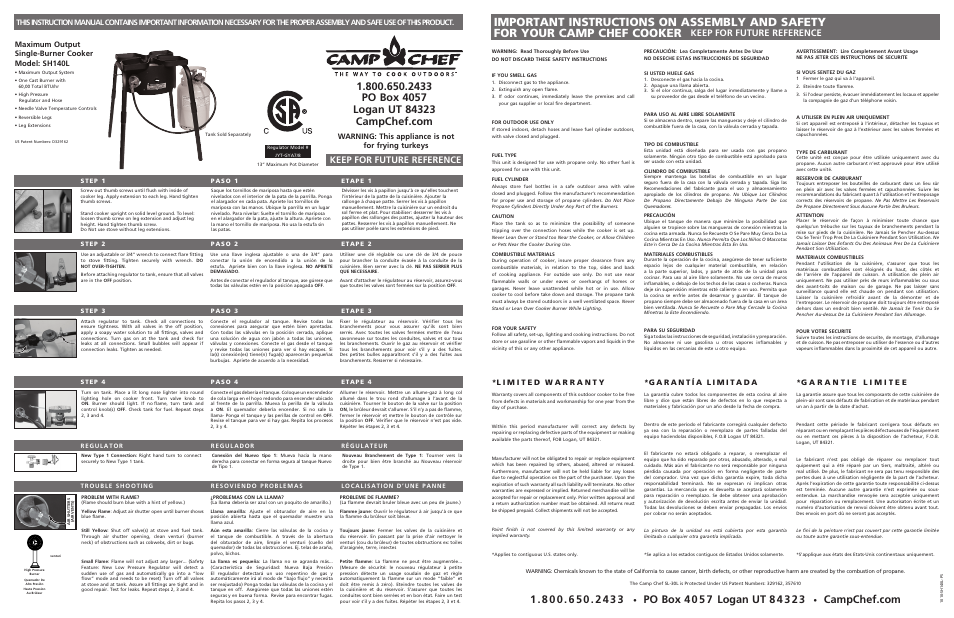 Camp Chef SH140L User Manual | 2 pages