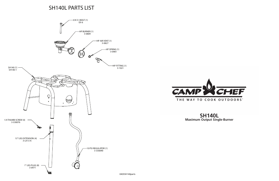 Sh140l parts list, Sh140l | Camp Chef SH140L User Manual | Page 2 / 2