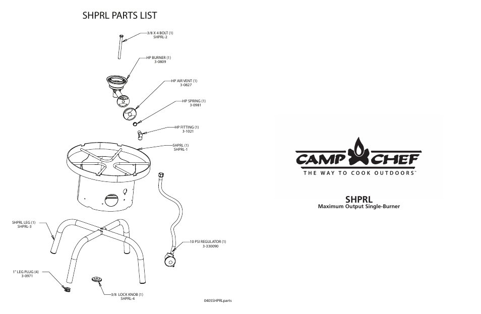 Shprl parts list, Shprl | Camp Chef SHPRL User Manual | Page 2 / 2