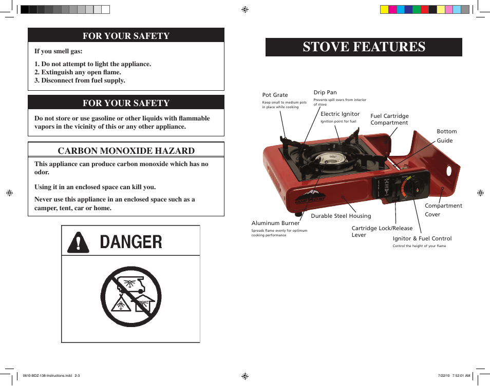 Stove features, For your safety, Carbon monoxide hazard | Camp Chef BDZ-138 User Manual | Page 2 / 5