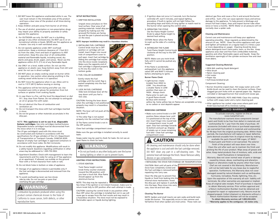 Warning, Caution | Camp Chef BDZ-138 User Manual | Page 3 / 5