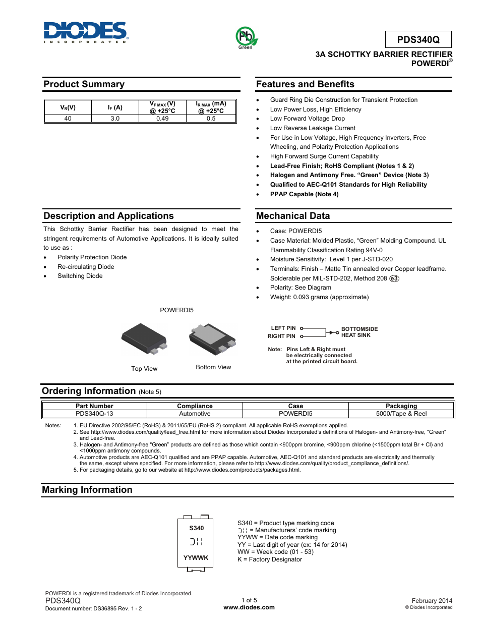 Diodes PDS340Q User Manual | 5 pages