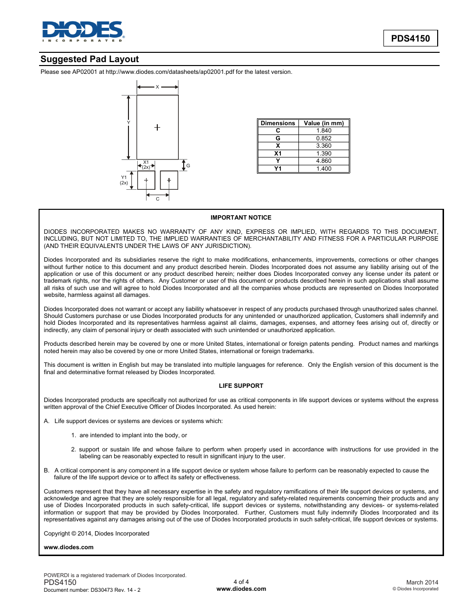 Pds4150, Suggested pad layout | Diodes PDS4150 User Manual | Page 4 / 4