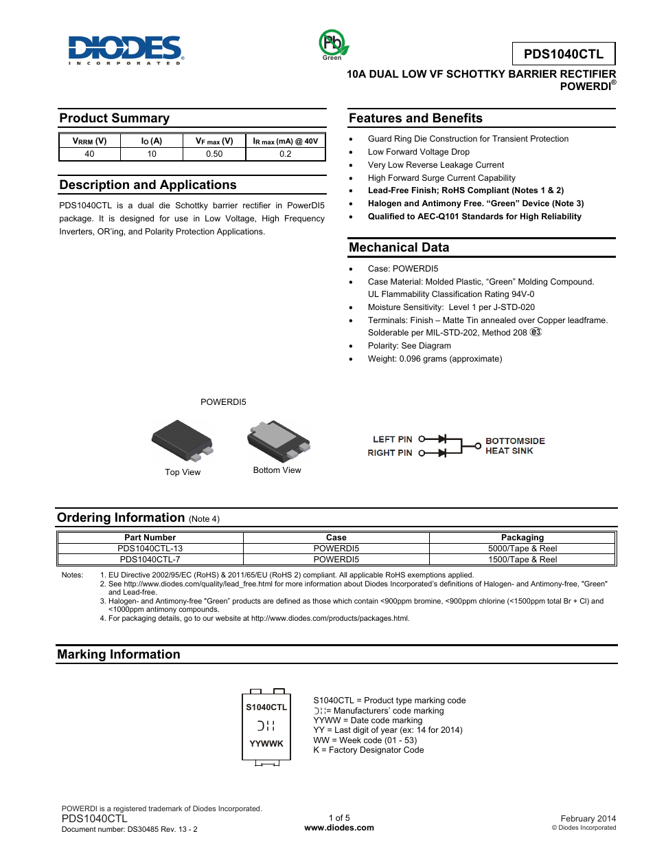 Diodes PDS1040CTL User Manual | 5 pages