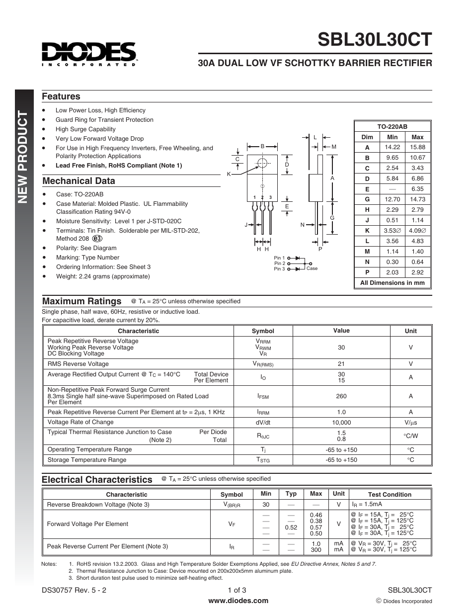 Diodes SBL30L30CT User Manual | 3 pages