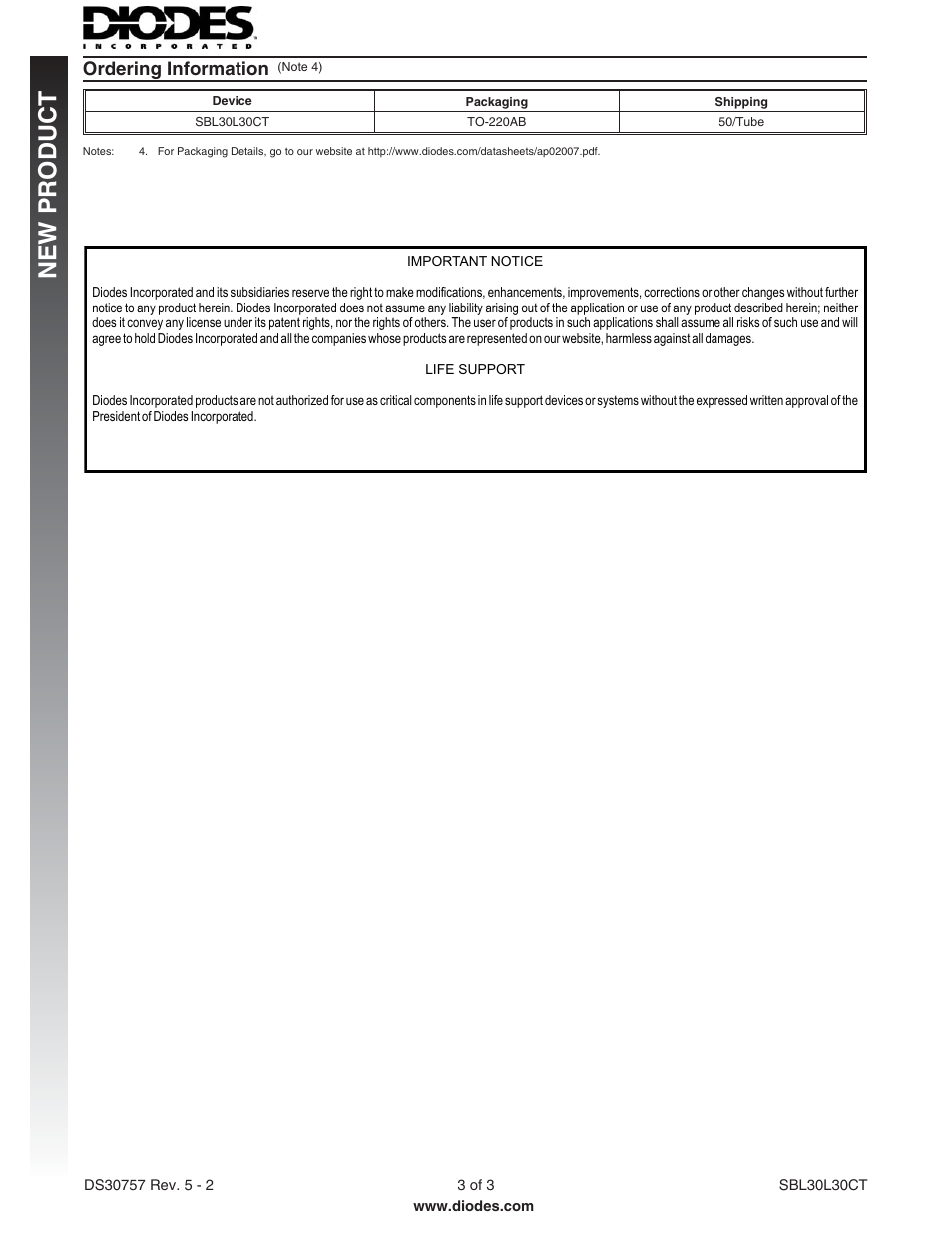 New p roduct, Ordering information | Diodes SBL30L30CT User Manual | Page 3 / 3