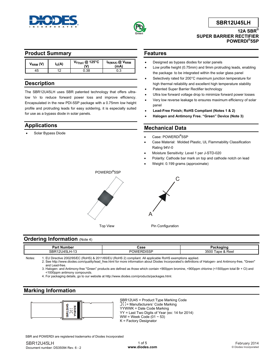 Diodes SBR12U45LH User Manual | 5 pages