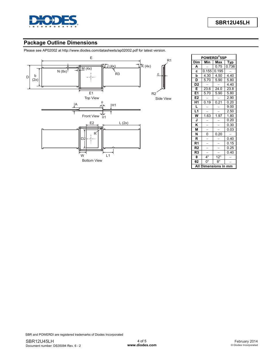 Sbr12u45lh, Package outline dimensions | Diodes SBR12U45LH User Manual | Page 4 / 5