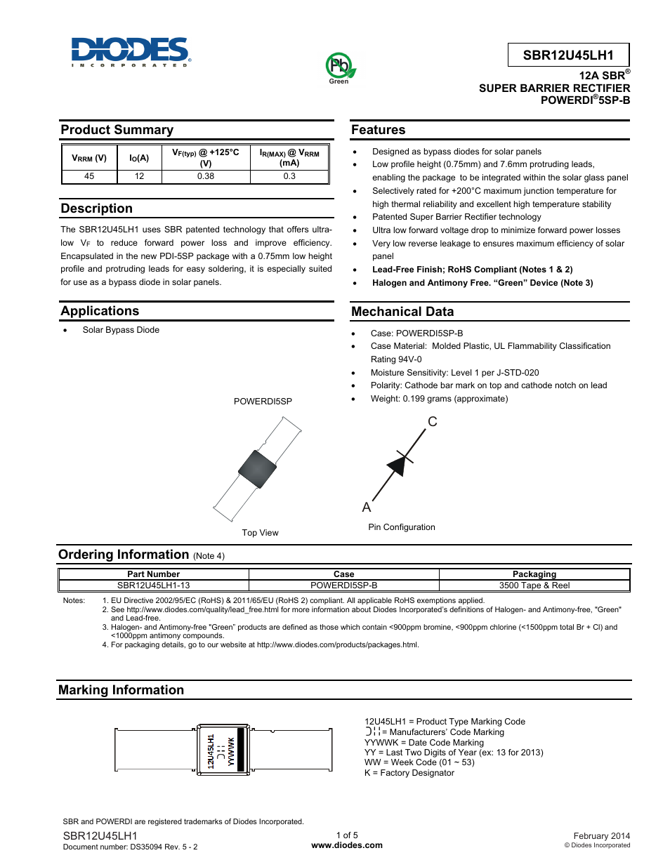 Diodes SBR12U45LH1 User Manual | 5 pages