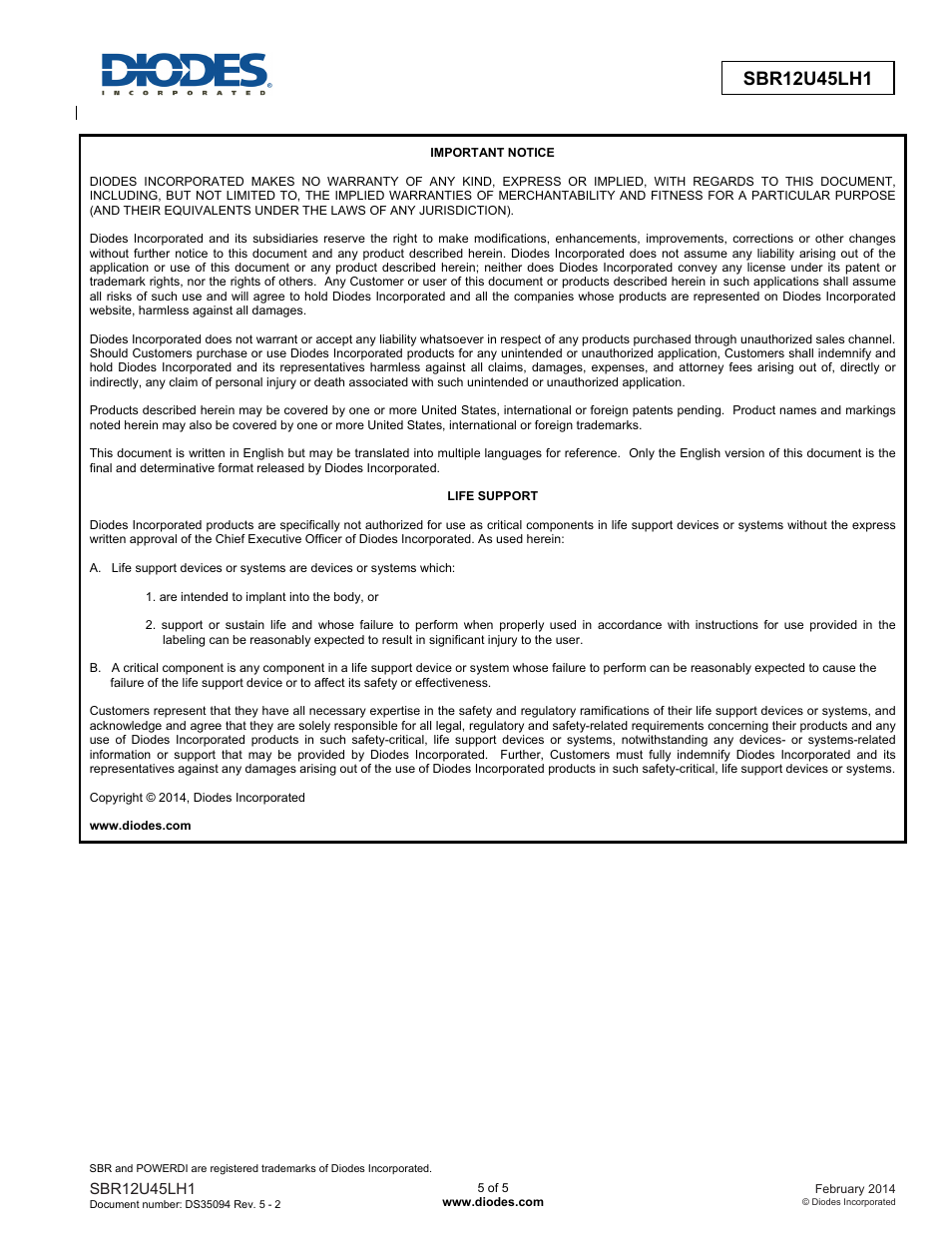 Diodes SBR12U45LH1 User Manual | Page 5 / 5