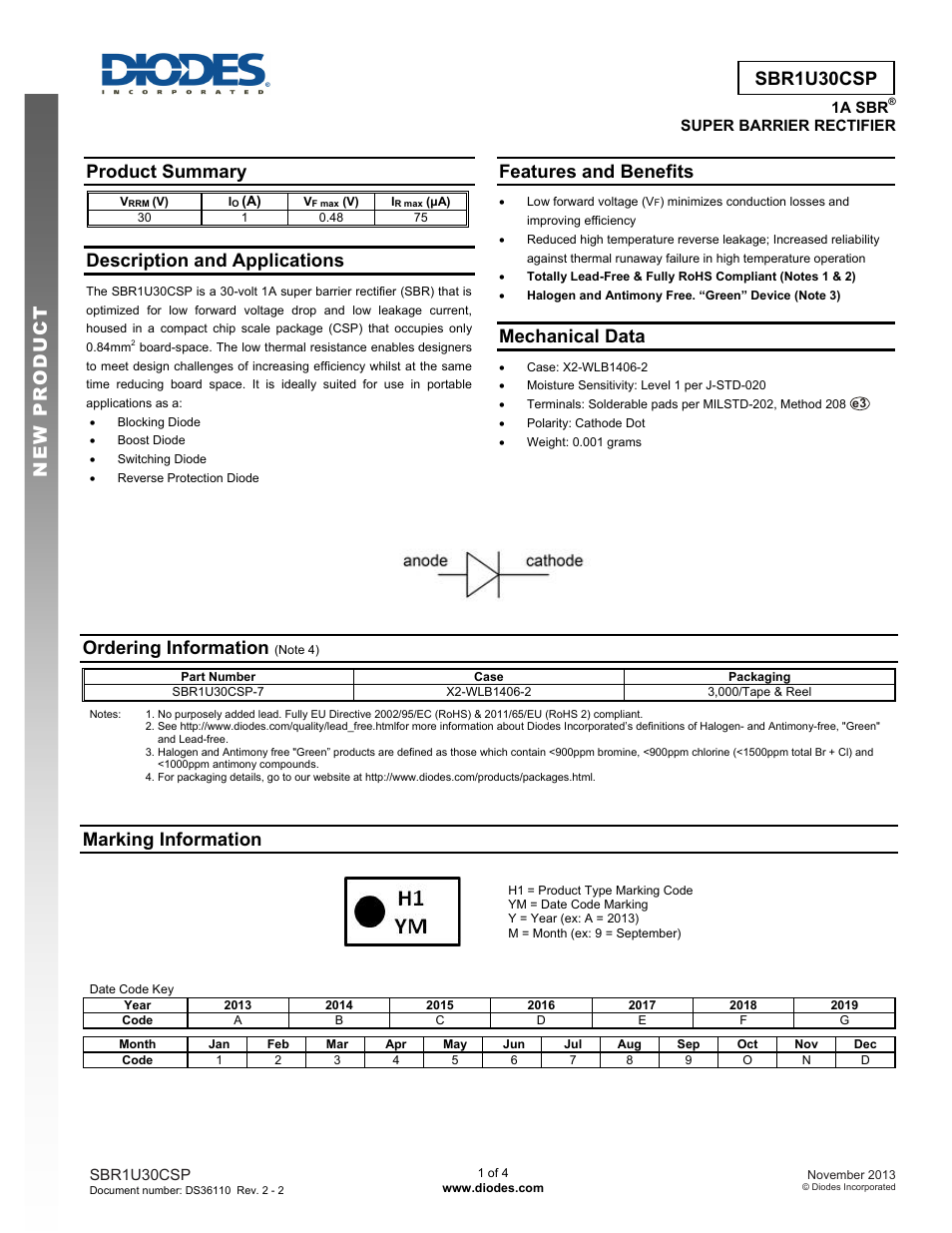 Diodes SBR1U30CSP User Manual | 4 pages