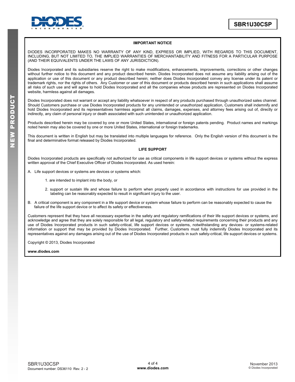 Sbr1u30csp new prod uc t | Diodes SBR1U30CSP User Manual | Page 4 / 4