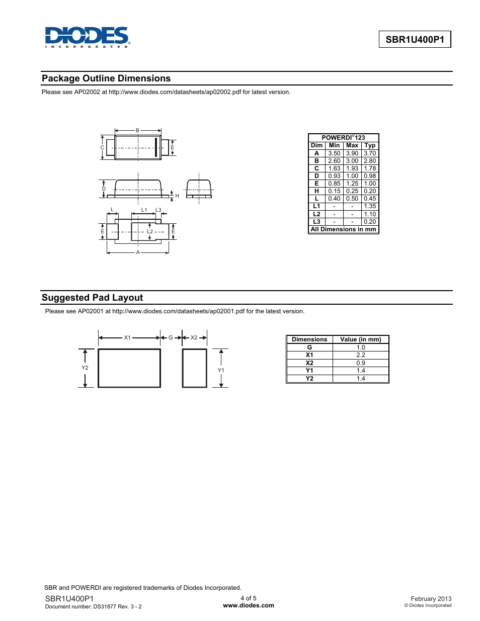 New prod uc t, Package outline dimensions, Suggested pad layout | Diodes SBR1U400P1 User Manual | Page 4 / 5