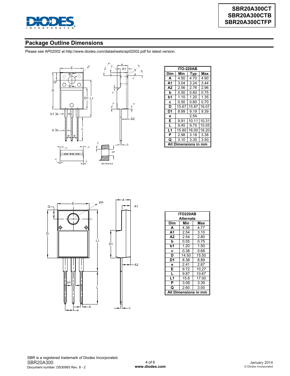 Package outline dimensions | Diodes SBR20A300CTFP User Manual | Page 4 / 6