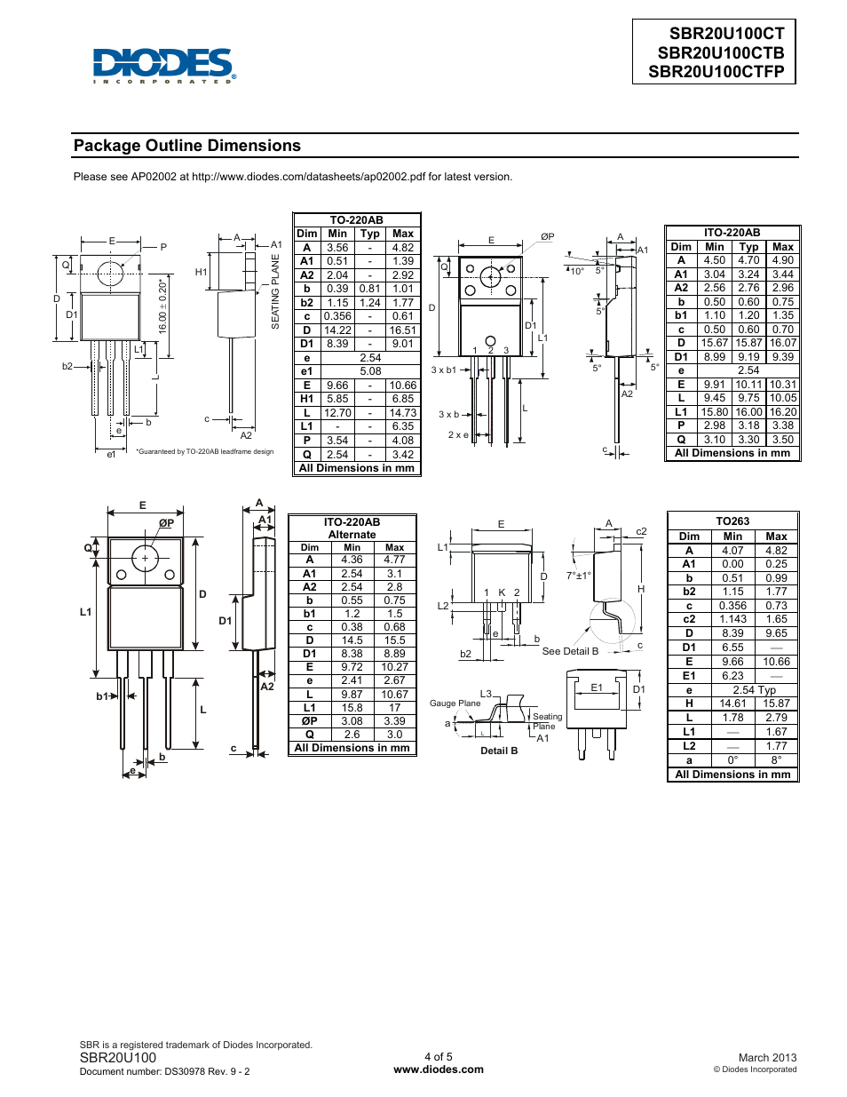 Package outline dimensions | Diodes SBR20U100CTFP User Manual | Page 4 / 5