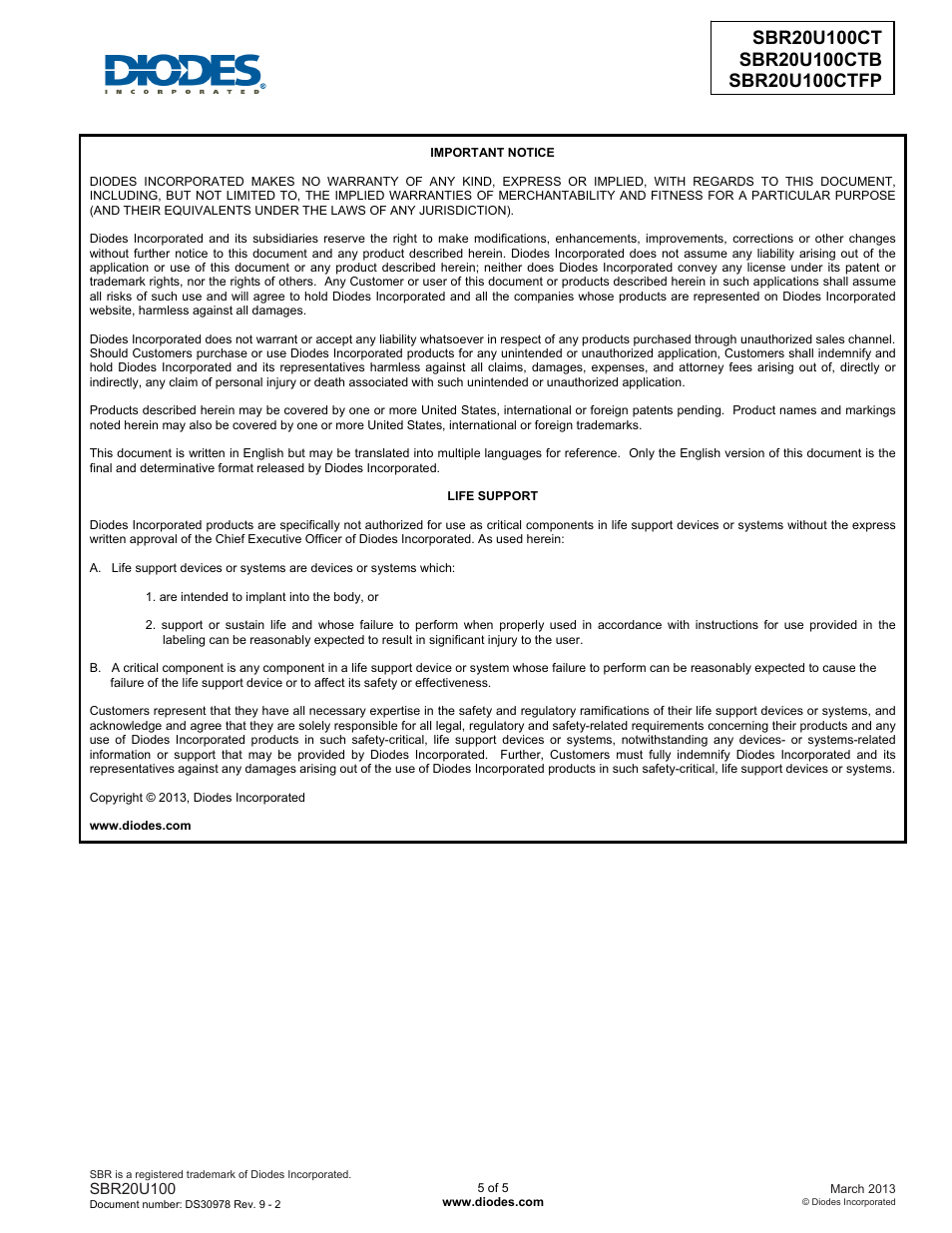 Diodes SBR20U100CTFP User Manual | Page 5 / 5