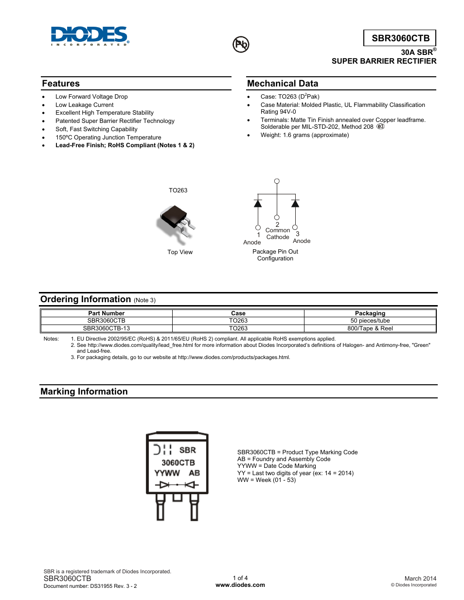 Diodes SBR3060CTB User Manual | 4 pages