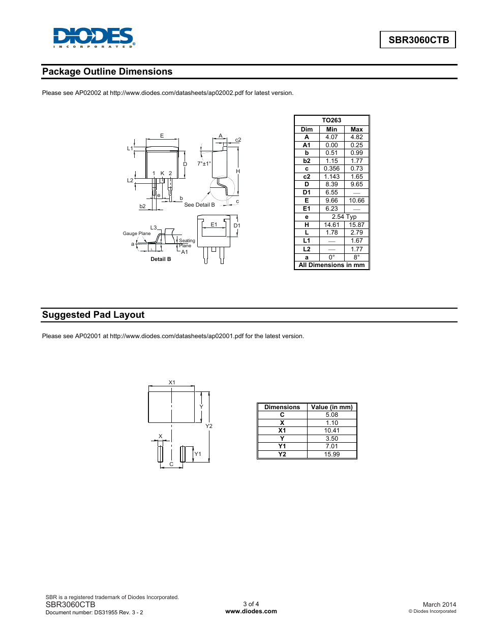 Package outline dimensions, Suggested pad layout | Diodes SBR3060CTB User Manual | Page 3 / 4