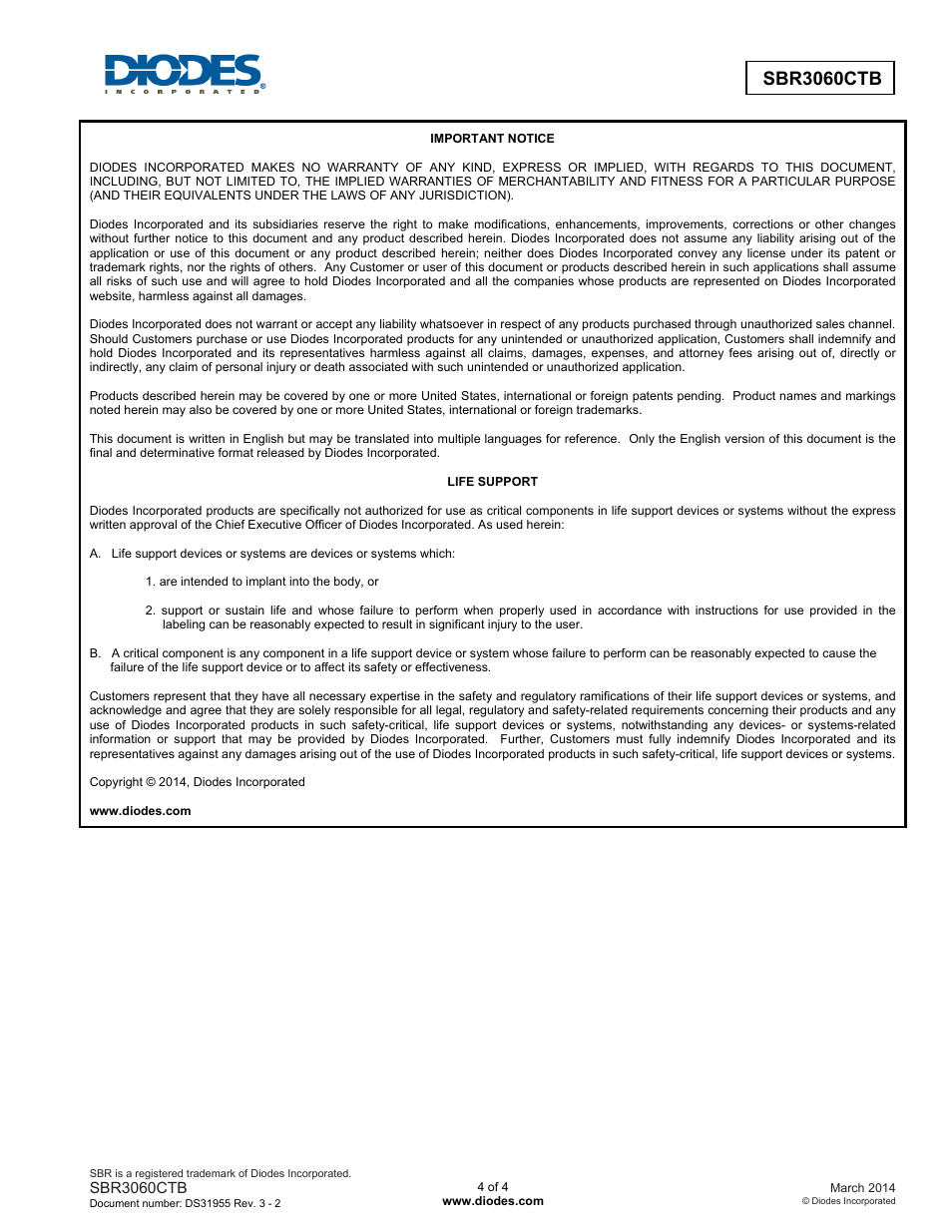 Diodes SBR3060CTB User Manual | Page 4 / 4