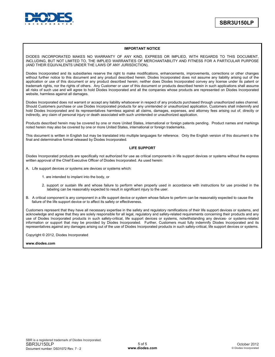 Sbr3u150lp | Diodes SBR3U150LP User Manual | Page 5 / 5