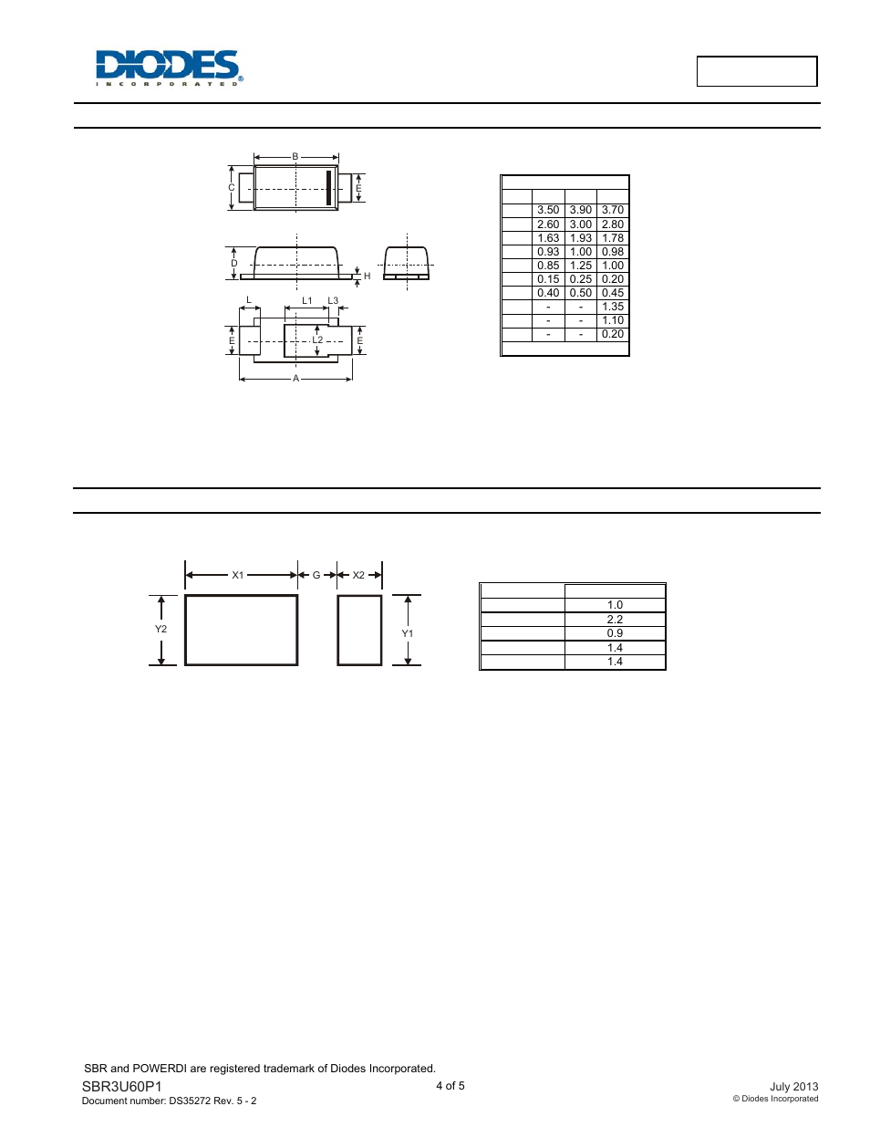 Sbr3u60p1, Package outline dimensions, Suggested pad layout | Diodes SBR3U60P1 User Manual | Page 4 / 5