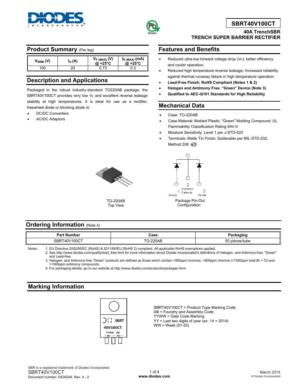 Diodes SBRT40V100CT User Manual | 4 pages