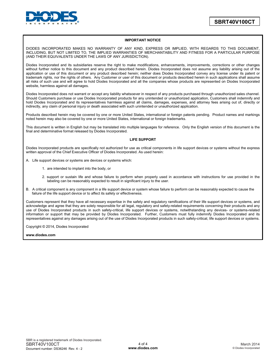 Diodes SBRT40V100CT User Manual | Page 4 / 4