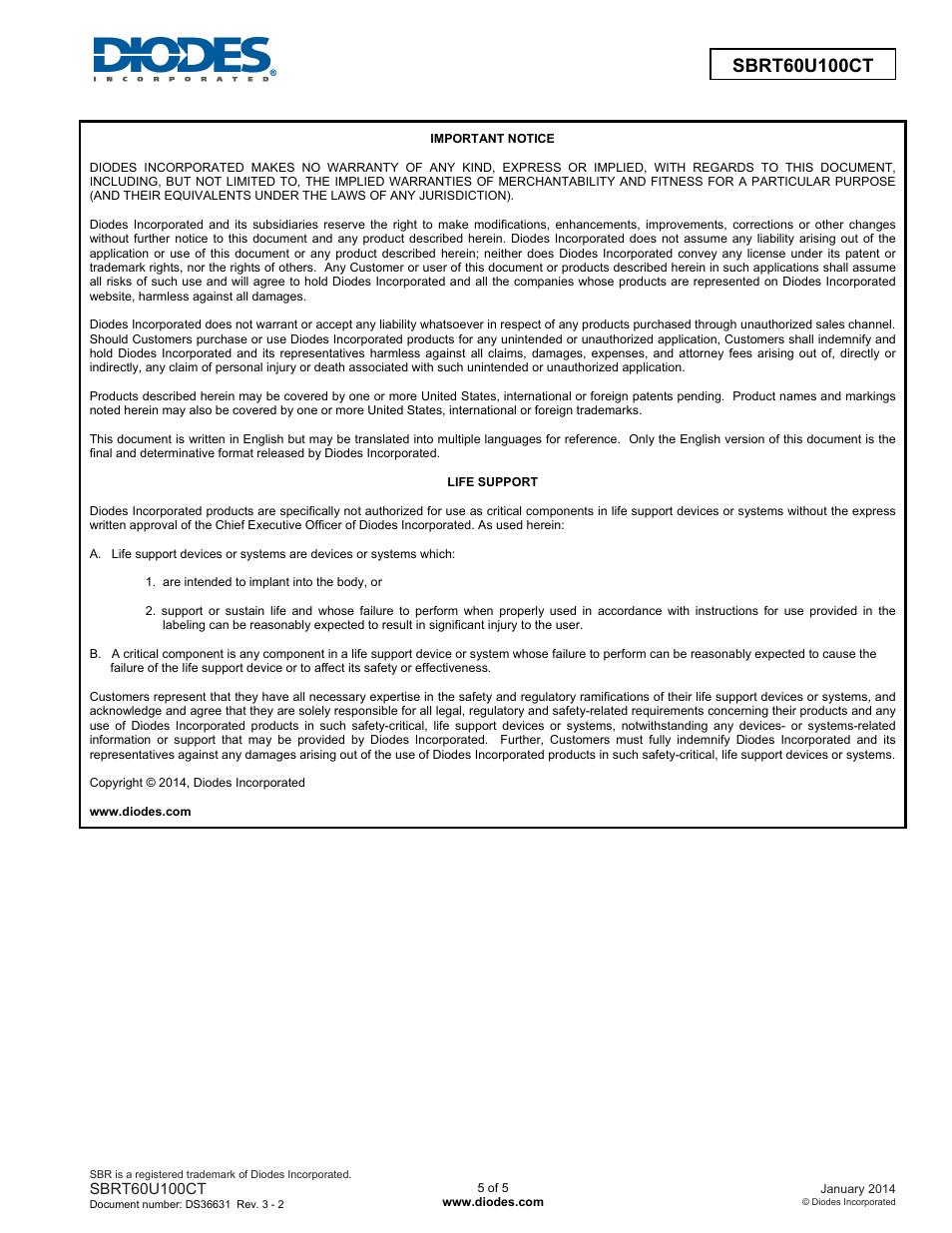 Diodes SBRT60U100CT User Manual | Page 5 / 5