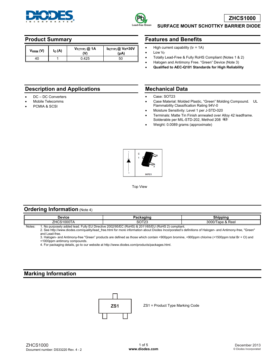 Diodes ZHCS1000 User Manual | 5 pages