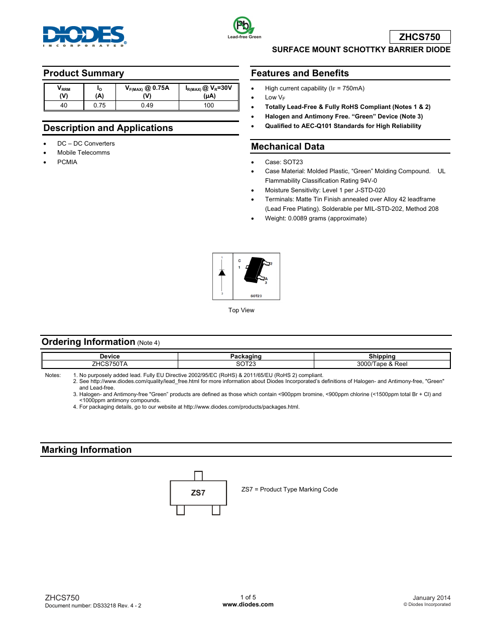 Diodes ZHCS750 User Manual | 5 pages