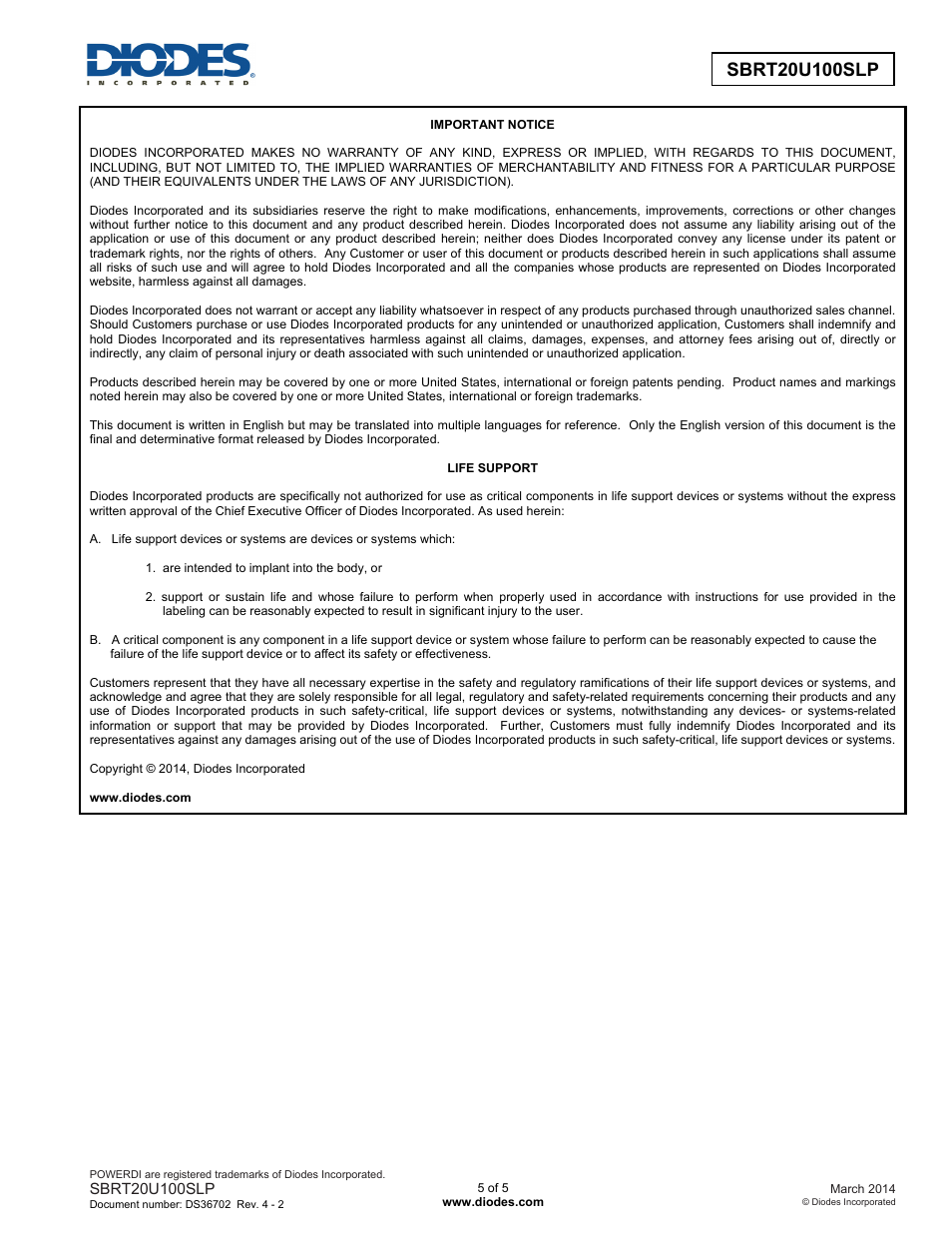 Diodes SBRT20U100SLP User Manual | Page 5 / 5