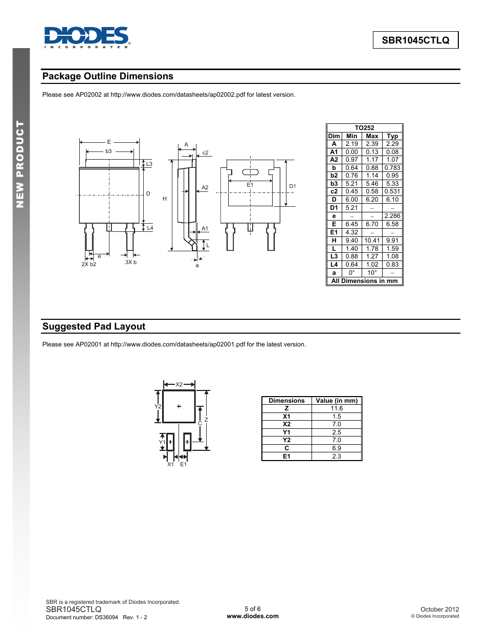 Sbr1045ctlq new prod uc t, Package outline dimensions, Suggested pad layout | Diodes SBR1045CTLQ User Manual | Page 5 / 6