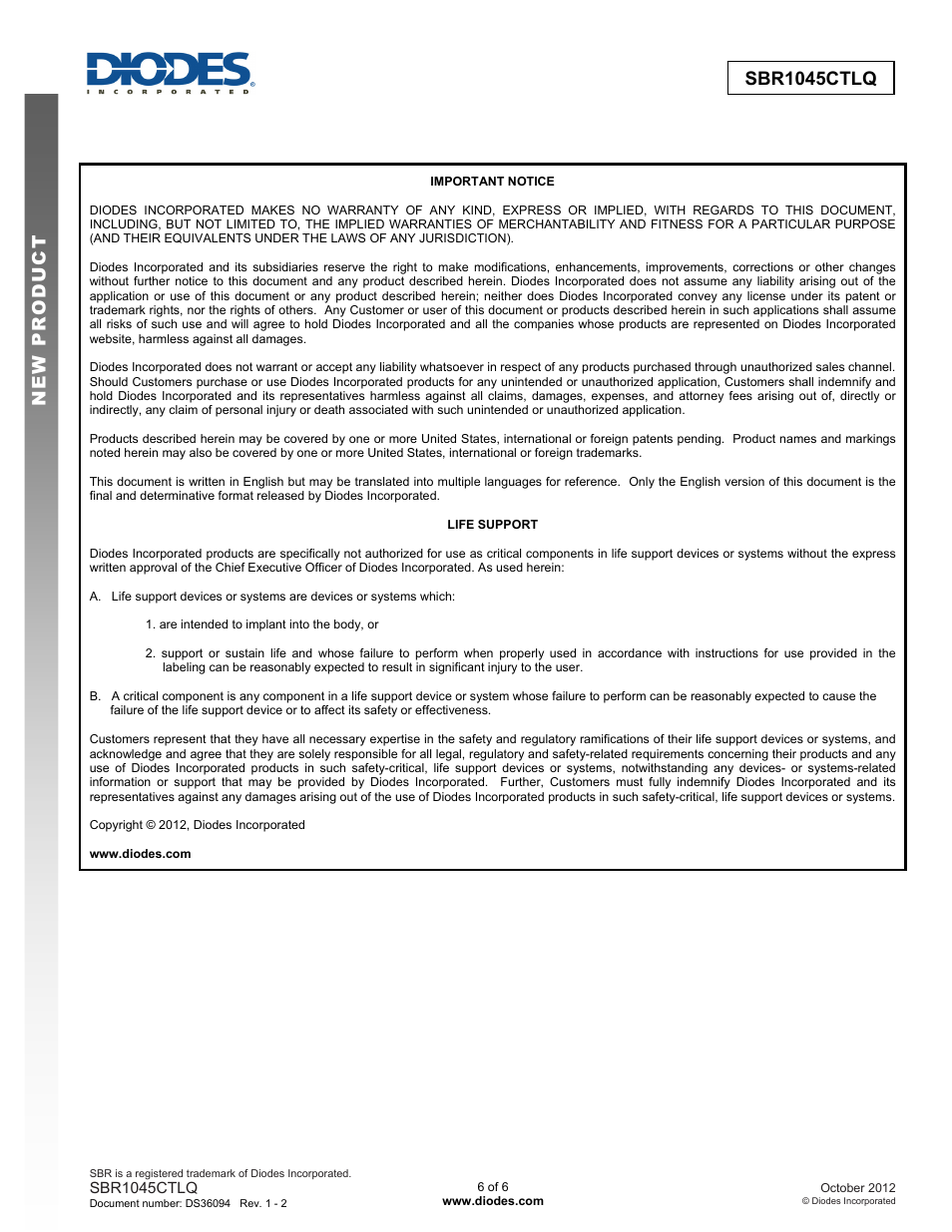 Sbr1045ctlq new prod uc t | Diodes SBR1045CTLQ User Manual | Page 6 / 6