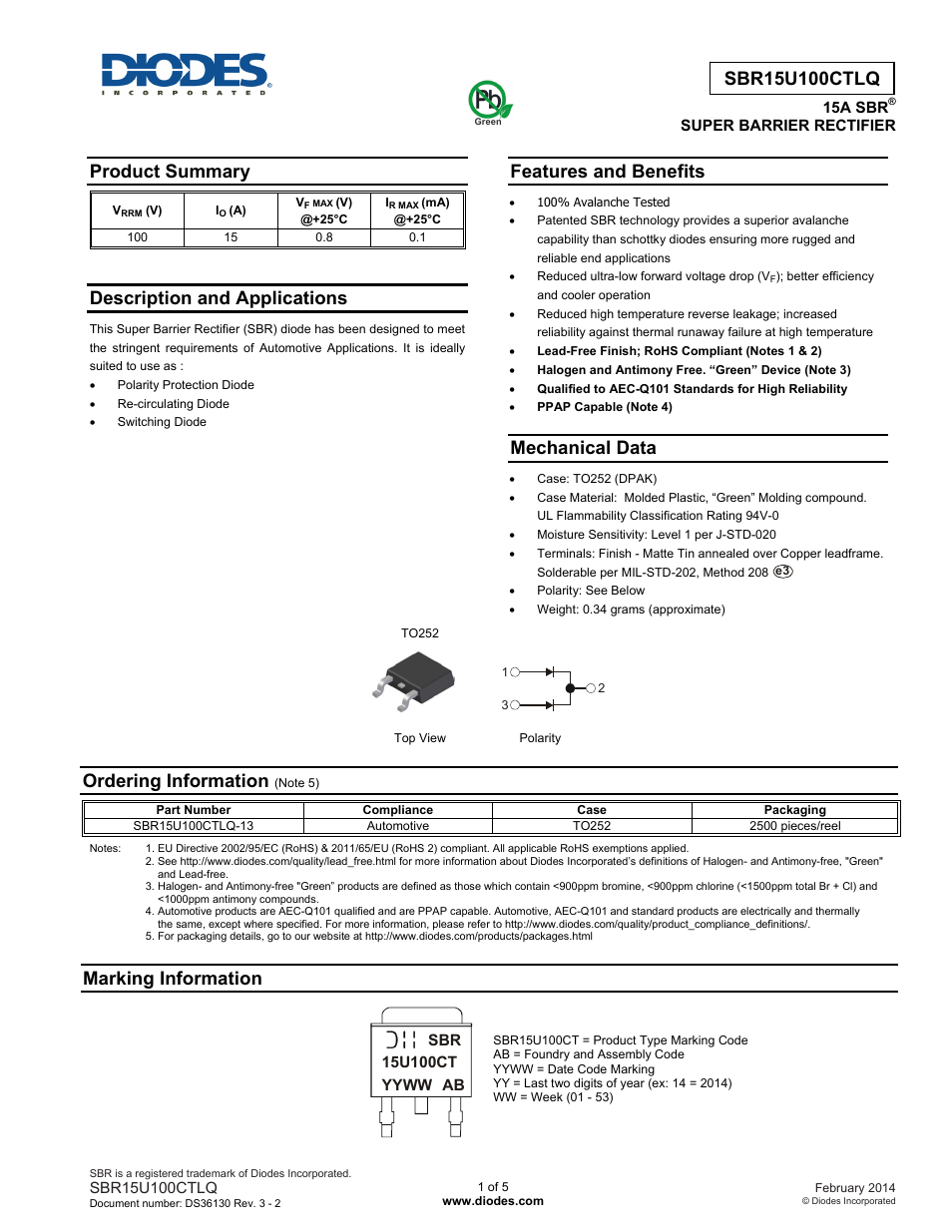 Diodes SBR15U100CTLQ User Manual | 5 pages
