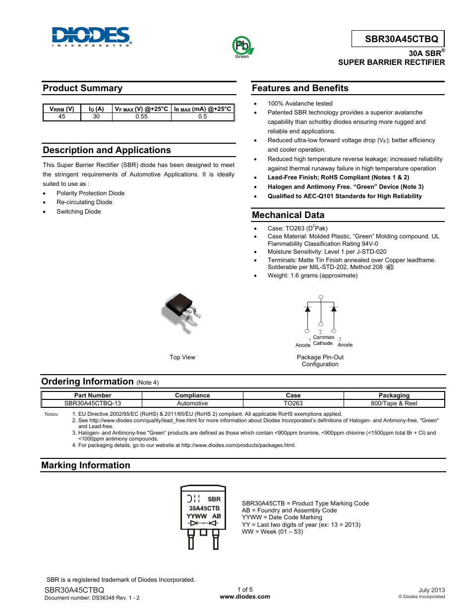 Diodes SBR30A45CTBQ User Manual | 5 pages